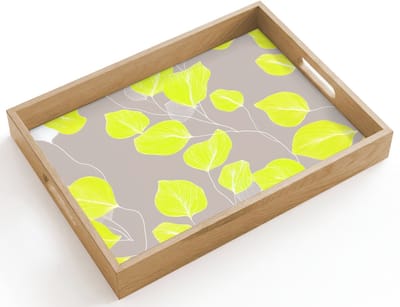 Dienblad hout 40x30 cm - Schootdienblad - Bladeren - Neon - Geel - Lijnen - Borrelplank rechthoek - Plateau dienbladen