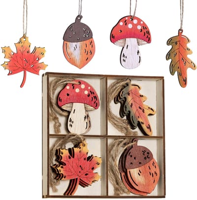 NTHProducts - Houten Decoratie Hangers - 12 Stuks - Natuurlijke Hout - Esdoornblad - Herfst Decoratie - Geschikt voor Halloween en Thanksgiving - Oranje