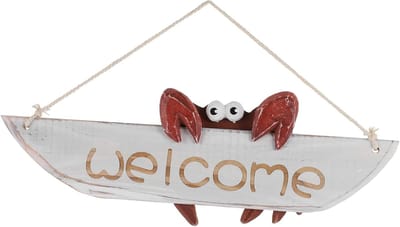 Welkomstbord Krab - Huisdecoratie Deur - Veranda Decoratie - Uniek Nautisch Thema - 30x10cm - Rood