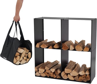 Lendo Online brandhoutrek 80x28x80cm + draagtas– Binnen en buiten - haardhout opslag – haardhoutrek – houtrek - houtopslag – zwart - metaal