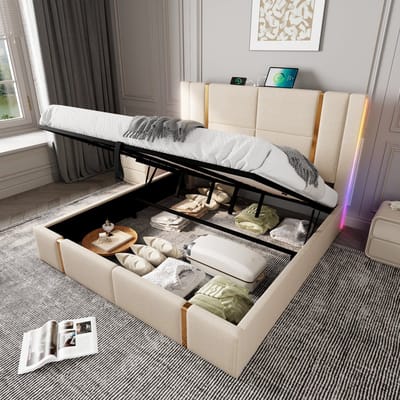 REDOM Opbergbed 180x200 cm – Linnen – Hydraulisch – RGB LED & USB/Type-C – Beige – 226 kg