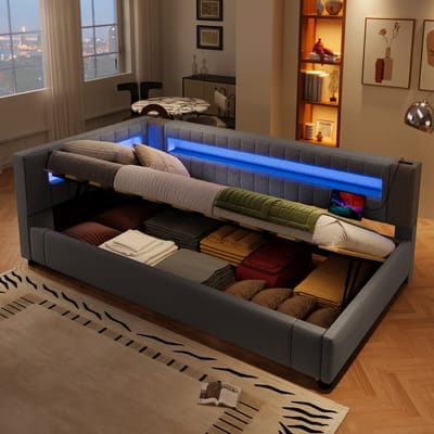 Gestoffeerd bed met opbergruimte - 90x200 cm - met LED-verlichting - Eenpersoonsbed - zonder matras - USB TYPE-C - grijs
