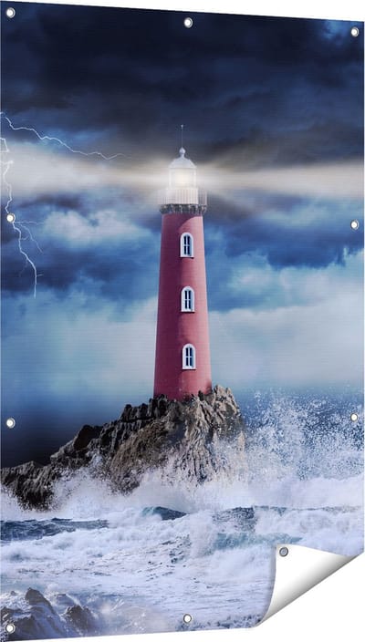 Gards Tuinposter Vuurtoren op een Storm Zee met Golfen Water - 80x120 cm - Tuindoek - Tuindecoratie - Wanddecoratie buiten - Tuinschilderij