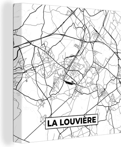 Canvas Schilderij België – La Louvière – Stadskaart – Kaart – Zwart Wit – Plattegrond - 20x20 cm - Wanddecoratie