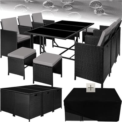 Outdoor Loungeset 8-Persoons 228x202x82 cm – Balkon & Tuin Dining Set met 4 Stoelen, 4 Krukken en Tafel, Aluminium Frame, Polyrotan Vlechtwerk, Inklapbaar & Ruimtebesparend, Inclusief 2 Kussensets & Beschermhoes – Lichtgrijs | Laura