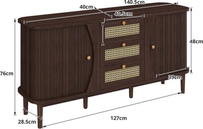 Dressoir, ladekast van rotan, ladekast met schuifdeuren, verstelbare planken en afgerond blad.