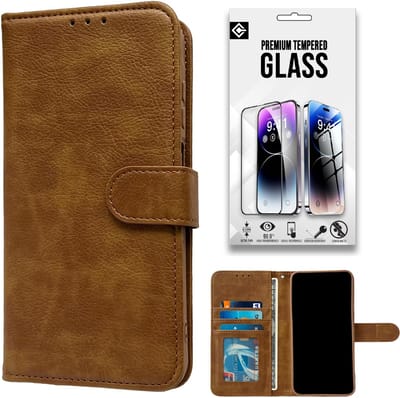 Casemania Hoesje en Glas Geschikt voor Samsung Galaxy A17 5G - Bruin - Luxe Portemonnee Book Case met Pasjeshouder - Wallet Case Telefoonhoesje - 1x Tempered Glazen Screenprotector