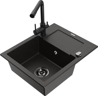 Mexen Enzo granieten spoelbak met 1 bak, afdruiprek en Duero keukenkraan, zwart/goud metallic - 6506-75-671600-70-B