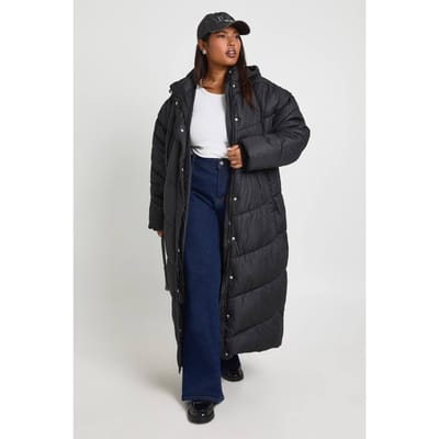 boohoo Dames Plus Maxi Pufferjas met capuchon en quiltdetail | Zwart | Maat: 44