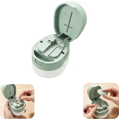 Medicijndoos - pillensnijder - pillenvermaler - pillenopslagdoos - afneembaar - draagbaar - wasbaar - verstelbaar - huisaccessoires - geschikt voor het snijden van pillen en het opslaan van pillen (groen, 6,6*7,1 cm)