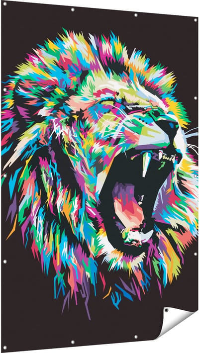 Gards Tuinposter Gekleurde Leeuw - Leeuwenkop - Abstract - 120x180 cm - Tuindoek - Tuindecoratie - Wanddecoratie buiten - Tuinschilderij