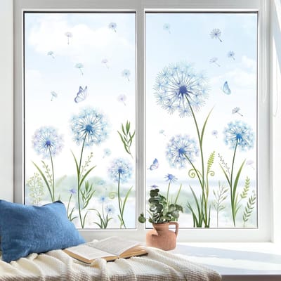 Raamstickers met Blauwe Paardenbloemen en Vlinders - Dubbelzijdige Static Clings voor Thuis en Café Decoratie, Veiligheid en Anticollisie Functie