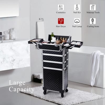 Hanimo Make up Koffer - Cosmetica Trolley - Nagel Trolley - Make up Trolley met wieltjes - Visagie Trolley - Kappers Trolley - Beauty Trolley - 4 Lagen - Zwart - 34x25x76cm
