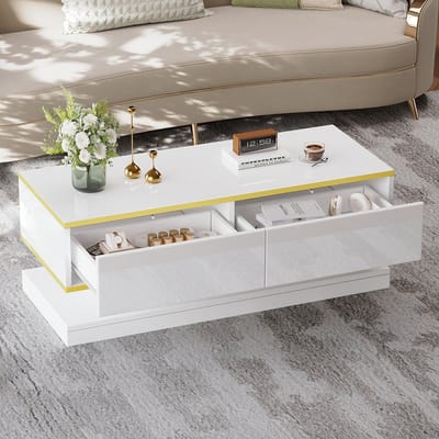 BLACKCOLORS 100*50*38 cm Glanzende salontafel, salontafel met 2 grote lades, unieke salontafel, warm wit + gouden rand salontafel, bijzettafel met smal midden en brede boven- en onderkant