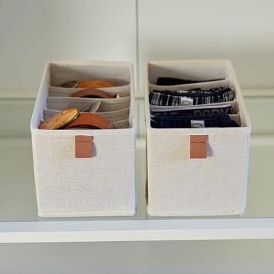 Candala Kastorganizer, 2-delig, opbergsysteem voor laden, van stof, versterkt, 6 vakken voor ondergoed, riem, beige, 15 x 30 x 15 cm
