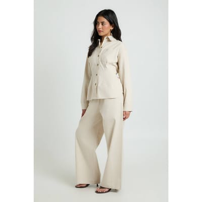 boohoo Dames Chambray Wijde Pijpenbroek Met Trekkoord | Ecru | Maat: 34