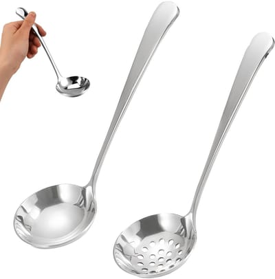 Dailygoods - Set van 2 roestvrijstalen soeplepel en schuimspaan - 6 cm, vaatwasmachinebestendig, voor het serveren van soepen en stoofschotels