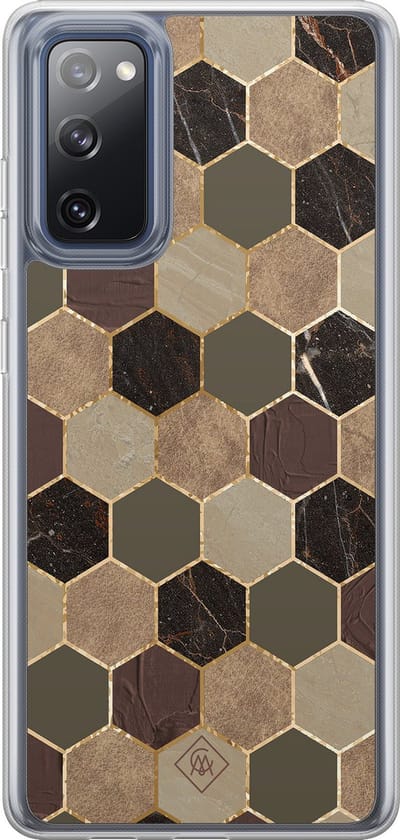 Casimoda® hoesje - Geschikt voor Samsung Galaxy S20 FE - Kubus Groen Bruin - 2-in-1 case - Schokbestendig - Geometrisch patroon - Verhoogde randen - Bruin/beige, Transparant