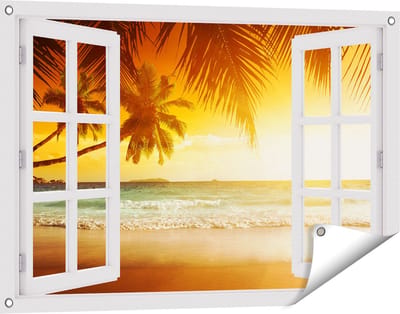 Gards Tuinposter Doorkijk Tropisch Strand tijdens Zonsondergang - 90x60 cm - Tuindoek - Tuindecoratie - Wanddecoratie buiten - Tuinschilderij