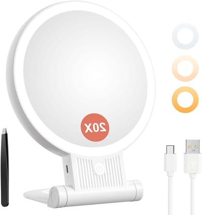Cosmetische Make-up Spiegel met LED Verlichting, 20X/1X Vergrotende Handspiegel, Draagbare Tafelspiegel met 3 Instelbare Lichtkleuren en Oplaadbare Functionaliteit