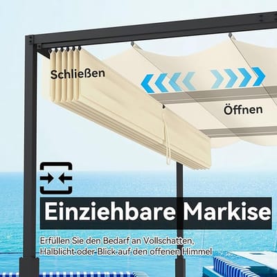 Tuinpaviljoen 3x4 m met Schuifdak – Waterdichte & Winterbestendige Pergola van Staal met Polyester Dak – Vrijstaande Terrasoverkapping met Zonwering – Beige – Laura