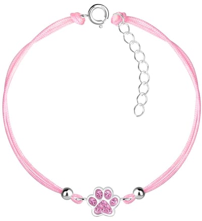 Joy|S - Zilveren kat hond dierenpoot bedel armband - poot afdruk bedel sterling zilver 925 met roze kristal - roze koord - th09