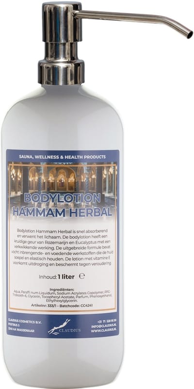 Bodylotion Hammam Herbal 1 Liter met luxe RVS zilverkleurige pomp - stijlvolle en duurzame uitstraling