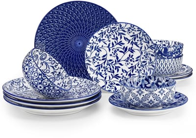 Hutjemutje - 12 delige serviesset - borden - kommen - schaaltjes - servies - porselein - luxe bordenset - blauw - wit