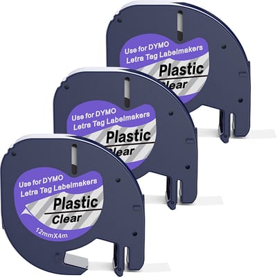 Boxstuff - Dymo LetraTag 12267 - S0721530 - Label Tape - Zwart op Transparant Plastic - 12 mm x 4 m - 3 Stuks