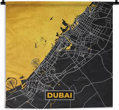 Wandkleed - Wanddoek - Dubai - Goud - Stadskaart - Plattegrond - Kaart - 180x180 cm - Wandtapijt