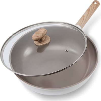 Alice by ISENVI Wokpan Inductie met Deksel - 30 cm - Keramisch - Koudgreep - Wok - PFAS, PTFE Vrij - Alle warmtebronnen - Beige