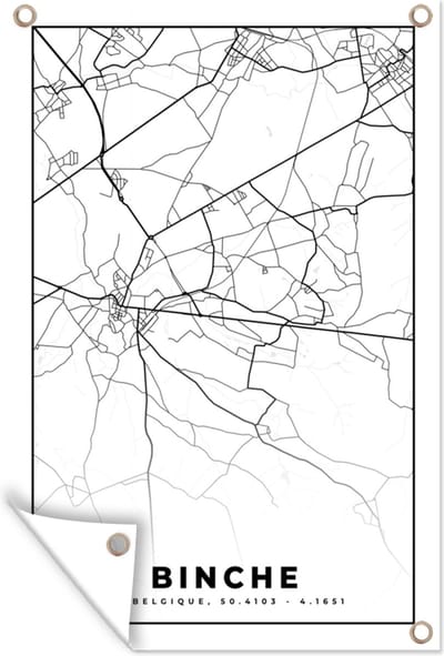 Muurdecoratie Plattegrond – Binche – Zwart Wit – Stadskaart - Kaart - België - 120x180 cm - Tuinposter - Tuindoek