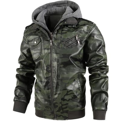 Nieuwe Winter Camouflage Capuchon Motorjas Leer Grote Maat Casual Afneembare Muts Heren PU Leren Jas XXXL groen