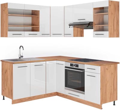 Vicco Hoekkeuken Fame-Line, Wit Hoogglans/Goudkleurig Eiken, 190 x 160 cm, WB Eik