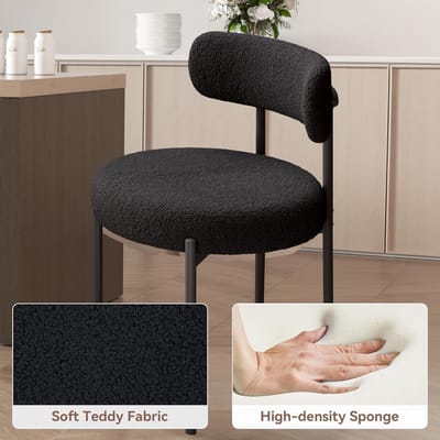 Eetkamerstoelen Set van 4 – Teddy Bouclé Stoelen Zwart – Luxe Gestoffeerde Stoelen met Metalen Poten – Ergonomisch Comfort voor Eetkamer, Keuken & Woonkamer – Modern Mid-Century Design – Novihome “VeluSeat” FU01031BK-4
