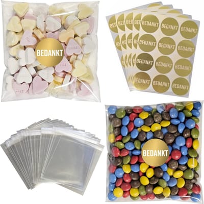 100x Uitdeelzakjes + Stickers Bedankt - Zakjes Met Plakstrip - Zelfklevende Zakjes - Uitdeelzakjes - School Traktaties - Sluitstickers - Transparant - 14x14cm - 100 Stuks