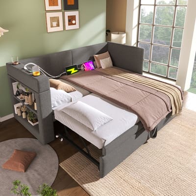 Komhtom Gepolsterde rustbank 90x200 cm, eenpersoonsslaapbank met uitschuifbed, armleuningen met USB- en Type-C-poorten en bekerhouders, gemengd linnen, grijs, zonder matras.