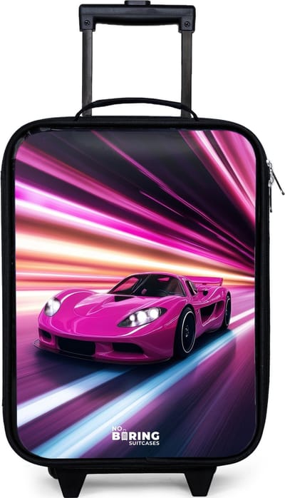 NoBoringSuitcases.com® - Kinderkoffer jongen - Kindertrolley meisje - Roze raceauto flitst door neonlicht - Koffer kind lichtgewicht - Reiskoffer trolley voor kinderen - Koffertje met lichtgevende wieltjes - Rolkoffer zwart
