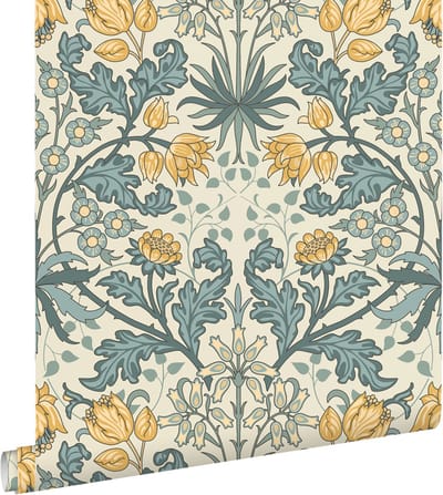 ESTAhome behang vintage bloemen in art nouveau stijl blauw en geel - 50 x 900 cm - 131181