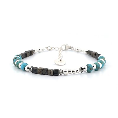 IbizaMen - heren - armband - 925 sterling zilver - pyriet turkoois - 4mm - 18cm lang & 4 cm verstelbaar (tot 22 cm)