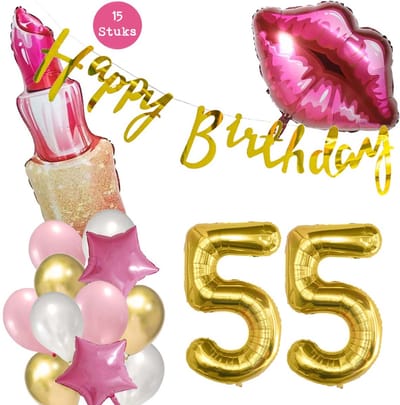 Snoes Beauty Helium Ballonnen Set 55 Jaar - Roze Folieballonnen - Slinger Happy Birthday Goud