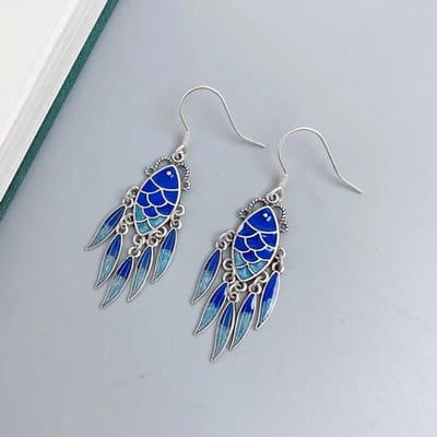 Style National   Boucles d'oreilles Pompon Poisson Bleu-vert pour Femmes Style Long Vintage Exagéré Émail Koi Boucles d'oreilles Bijoux gray