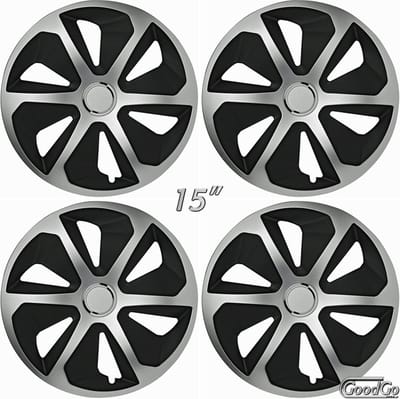 GoodGo Wieldoppen ROCKY-SB 15 inch zilver/zwart met chroom ring. Set a 4 stuks (CONTROLEER UW BANDENMAAT en lees a.u.b. de onderstaande, uitgebreide tekst!)