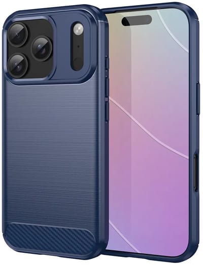 MobyDefend Hoesje - Geschikt voor iPhone 17 Pro - TPU Backcover - Geborstelde Metaal & Carbon-Look - Blauw