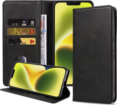 Smartphonica iPhone 14 Plus kunstleren hoesje met magnetische sluiting en pashouders book case - Zwart geschikt voor iPhone 14 Plus