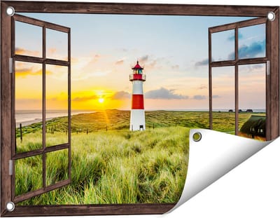 Gards Tuinposter Doorkijk Vuurtoren met Zonsopgang op een Eiland - 60x40 cm - Tuindoek - Tuindecoratie - Wanddecoratie buiten - Tuinschilderij