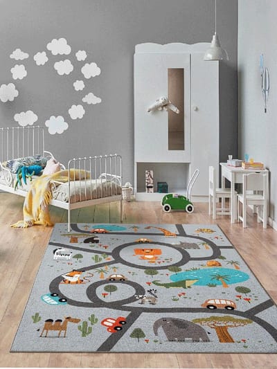 the carpet Happy Life – Kinderkamer Speeltapijt met Safari Dierenmotief – Wasbaar – Grijs – 120 x 160 cm