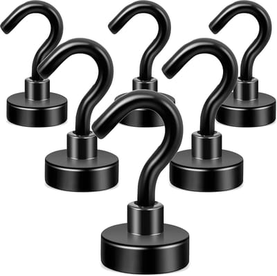 Zwarte Magnetische Haken, 10 kg+ robuuste magneten met haak voor koelkast, extra sterke superhaak om op te hangen, magnetische hanger voor gordijn, rooster, handdoek, plafond, 6 stuks