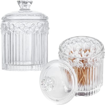 2pcs 10oz Glass Pharmacist Jars Set, Qtip Holders with Lids, Crystal Vanity Organizers, Makeup Storage Containers, Decorative Canisters for Home, Kitchen, Bathroom