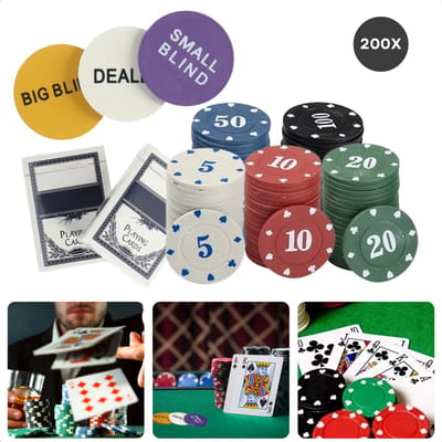 Cheqo® Pokerset 200-delig - Poker Set - Pokerspel - Poker Chips - Inclusief Speelmat en Professionele Pokerchips - Geschikt voor Kinderen - Handig Opbergblik